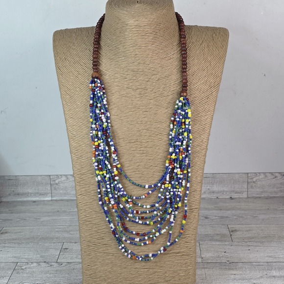 Handmade Jewelry - Handmade Multi-Strand Beads Wood Necklace Boho Colorful Artisan Statement 15"